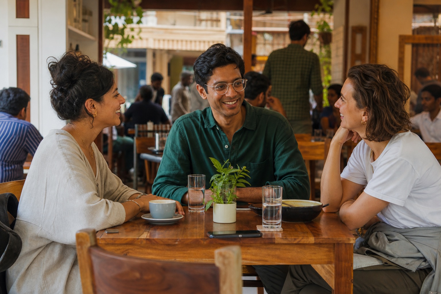 Travellers meeting in a public social setting