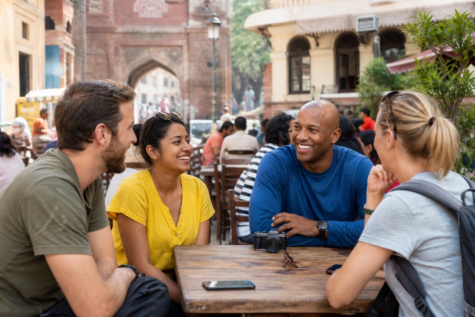 Solo travellers meeting safely in a public place