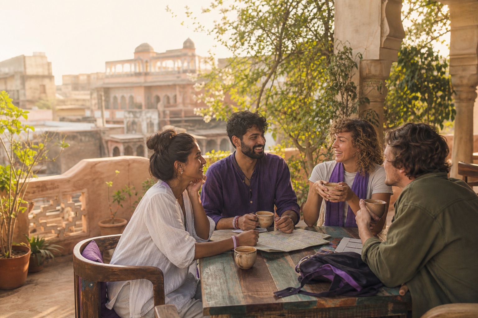 Solo travellers connecting over coffee in a welcoming public café